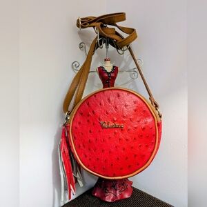 Valentina Red Round Ostrich Leather Crossbody Bag with DecorativeTassels